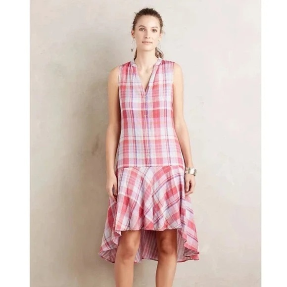 Anthropologie Maeve Plaid Sleeveless Button Front High Low Dress Medium - Picture 1 of 9